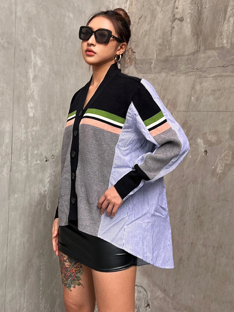 Loose Shirt For Women V Neck Long Sleeve Patchwork Striped Colorblock Casual Blouses Female Clothes Autumn