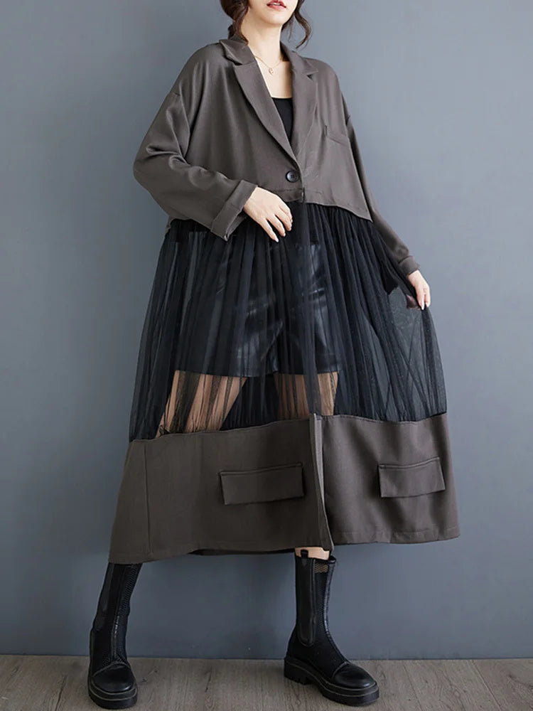 Black Mesh Perspective Big Size Long Jacket New Lapel Long Sleeve Women Coat Fashion Tide Spring Autumn 2025 1DJ0333