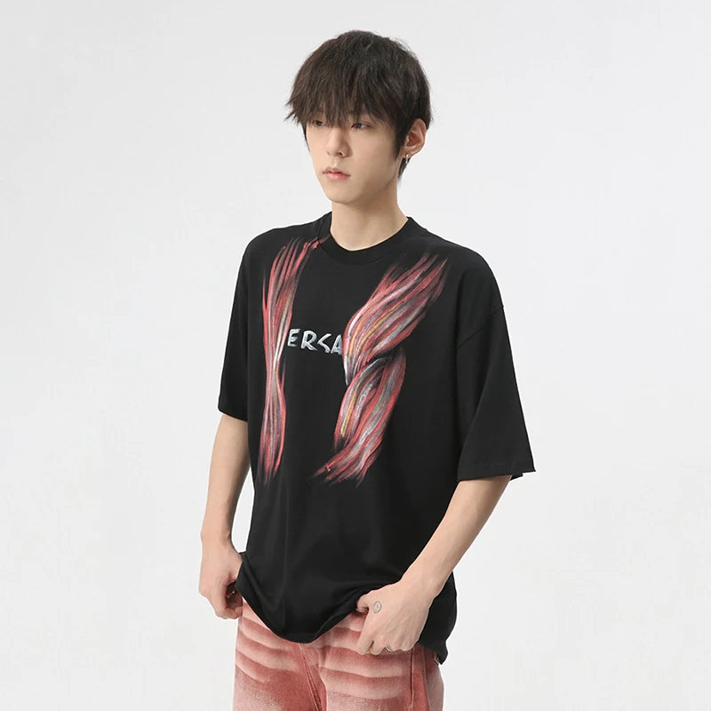 Minimalist Loose Men's Tops Casual Round Neck Short Sleeve Graffiti Letter Pattern Printed T-shirt Summer 9C6077