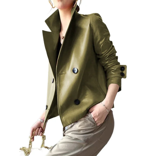 Load image into Gallery viewer, Autumn Winter Green Faux Leather Jackets Women 2024 New Outwear Long Sleeves PU Leather Short Coats Outwear for Female
