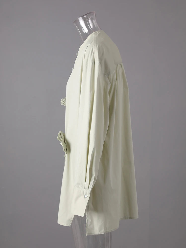 Women Light Green 3d Flower Big Size Blouse New Round Neck Long Sleeve Shirt Fashion Tide Spring Autumn 2025 CPG3308