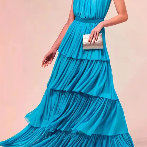 Load image into Gallery viewer, Solid Flods Dresses For Women Stand Collar Sleeveless High Waist A Line Temperament Elegant Dress Female Summer 2023 Style
