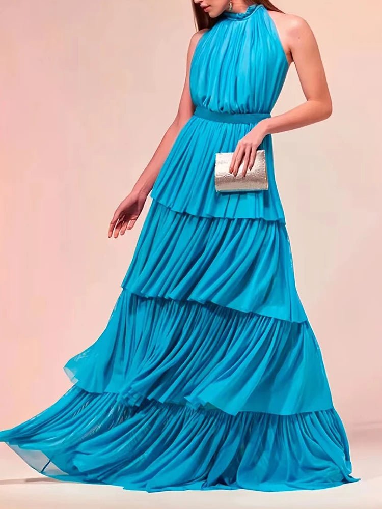 Solid Flods Dresses For Women Stand Collar Sleeveless High Waist A Line Temperament Elegant Dress Female Summer 2023 Style