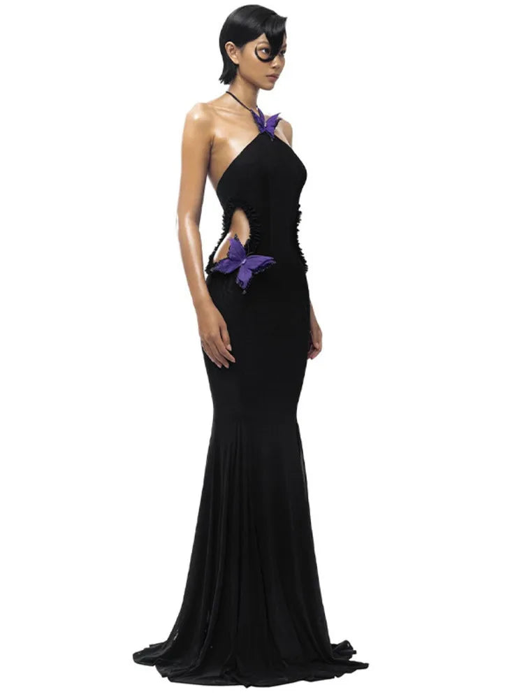 Sexy Sleeveless Hanging Zero Hollow Out  Bow Slim Dress For Women Elegant Bodycon Backless Fishtail 2025 Party Vestidos