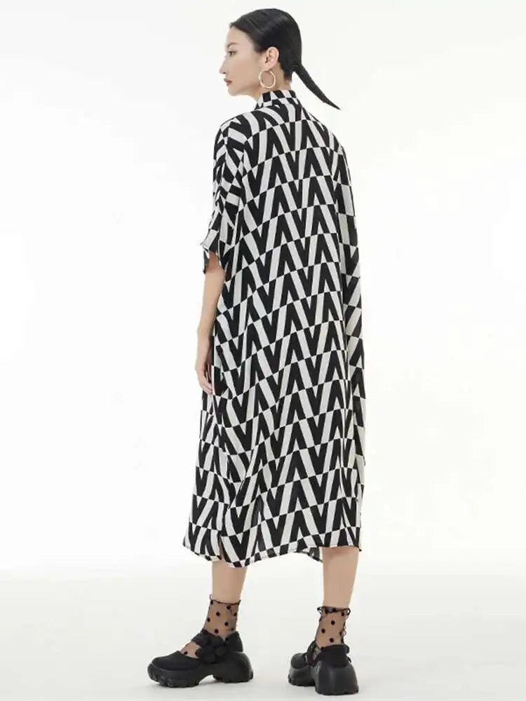 Women Black Pattern Printed Big Size Long Shirt Dress New Lapel Half Sleeve Loose Fit Fashion Spring Summer 2025 1DE9944