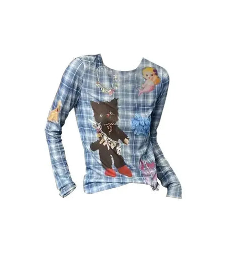 Harajuku Woman Tshirts Y2k Tops O-neck Long Sleeve Anime Tees 2024 Ropa Mujer Tunic Gauze Camisetas Chic Plaid Sexy T Shirts