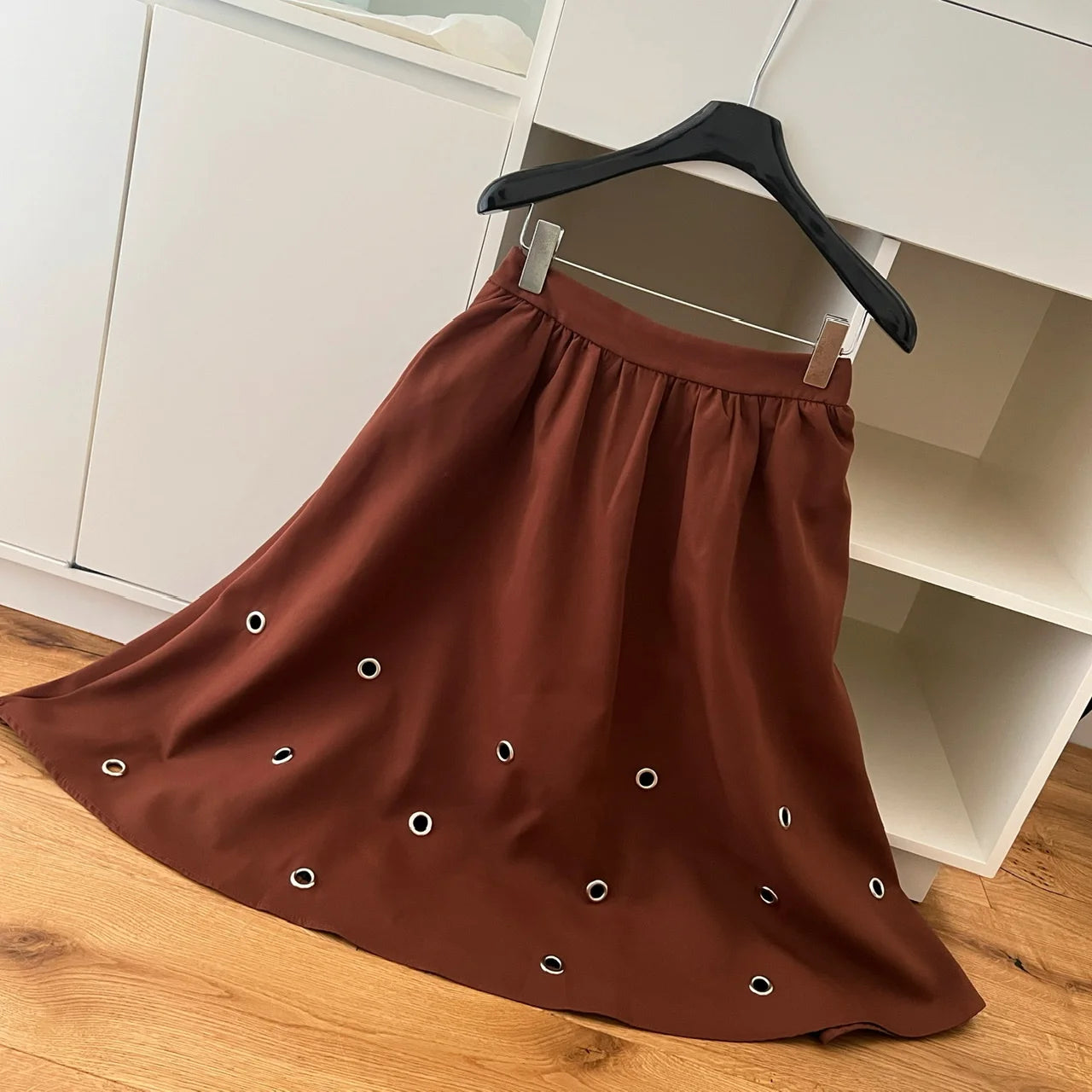 Vintage Women Brown A-line Long Skirts Spring Autumn Korean Fashion High Waist Elegant Hollow Out Simple Skirt Streetwear Trendy