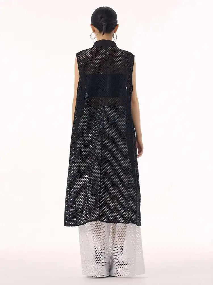 Women White Hollow Out Big Size Long Elegant Shirt Dress New Lapel Sleeveless Fashion Tide Spring Autumn 2025 1DH9424