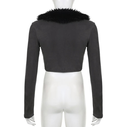 Load image into Gallery viewer, Fashion Fluffy Autumn T shirt Female Faux Fur Trim Collar Crop Top Cardigan Vintage Front Tie-Up Sexy Outwear Jacket
