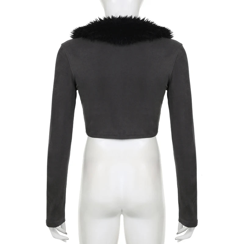 Fashion Fluffy Autumn T shirt Female Faux Fur Trim Collar Crop Top Cardigan Vintage Front Tie-Up Sexy Outwear Jacket