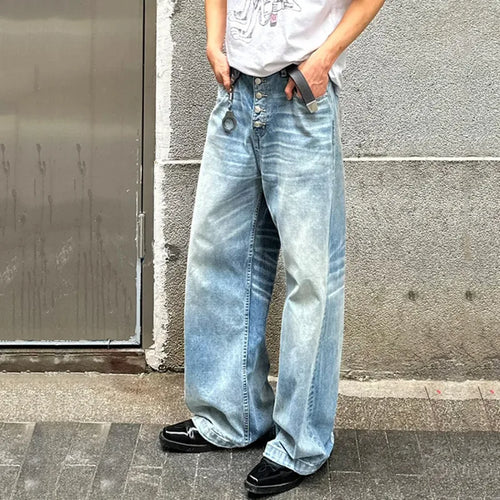 Load image into Gallery viewer, High Street Men&#39;s Denim Pants Loose Washing Bottun Design Straight Wide Leg Malwe Casual Jeans Autumn Simple 9C6709
