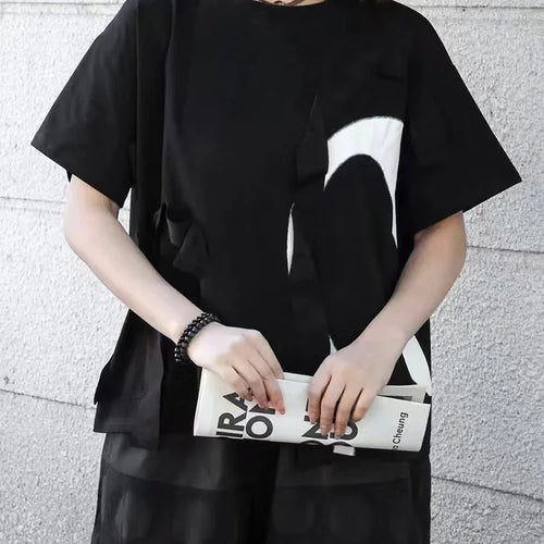 Load image into Gallery viewer, Women Black Ribbon Color-block Big Size Casual T-shirt New Round Neck Short Sleeve Fashion Tide Spring Summer 2025 1DJ0423

