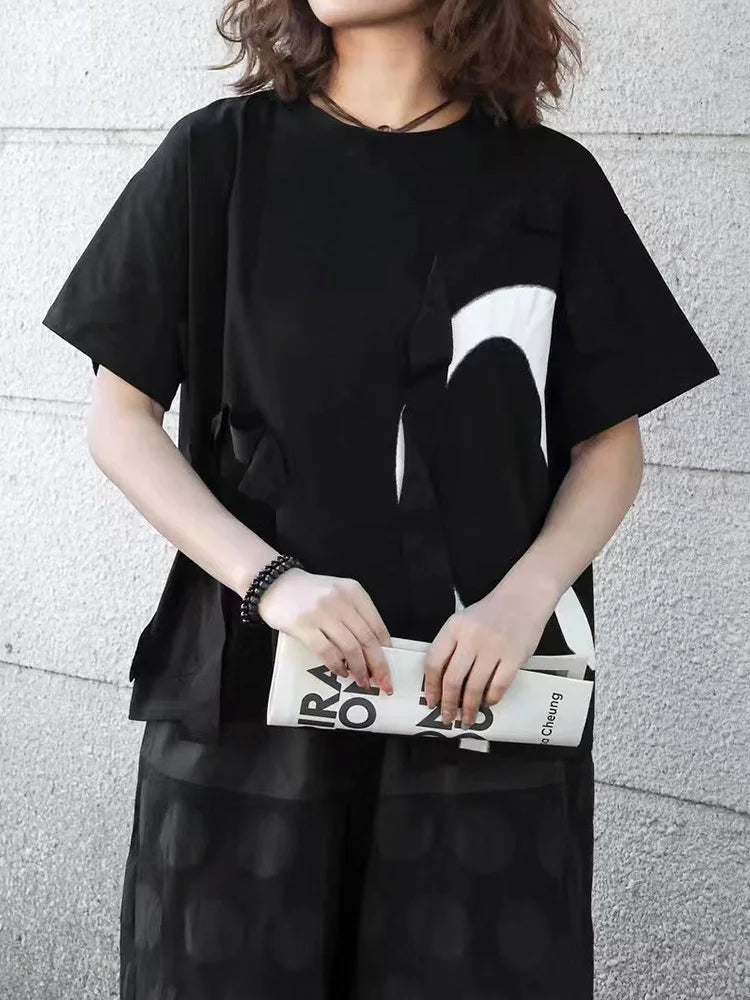 Women Black Ribbon Color-block Big Size Casual T-shirt New Round Neck Short Sleeve Fashion Tide Spring Summer 2025 1DJ0423