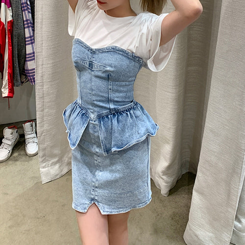 Load image into Gallery viewer, Denim Patchwork Ruffle Dress For Women Strapless Sleeveless High Waist Slim Sexy Dresses Female Fashion Clothes
