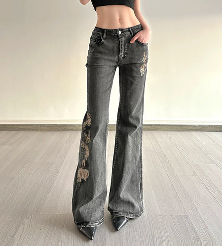 Vintage Floral Sequin Embroidered Flared Jeans Women's Full Lenght Low Waist With Pockets Denim Trousers Bottoms Chic