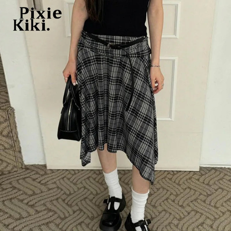 Grey Plaid Irregular Skirts Womens 2024 Fall School Girl Preppy Style Vintage Midi Skirt P84-BI20