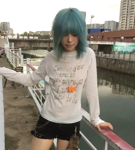 Japanese Y2k Letter Print T-shirt Trashy 2000s Style Long Sleeve T Shirt Vintage Harajuku Distressed Tops American Retro