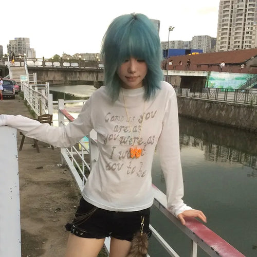 Japanese Y2k Letter Print T-shirt Trashy 2000s Style Long Sleeve T Shirt Vintage Harajuku Distressed Tops American Retro