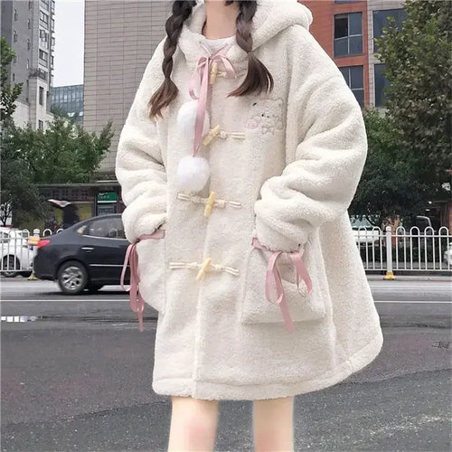 Load image into Gallery viewer, New Winter Fashion Loose Cartoon Jacket Y2k Aesthetic All Match Lamb Wool Women Hooded Coat Thicken Warm Vintage Casual Bow Tops
