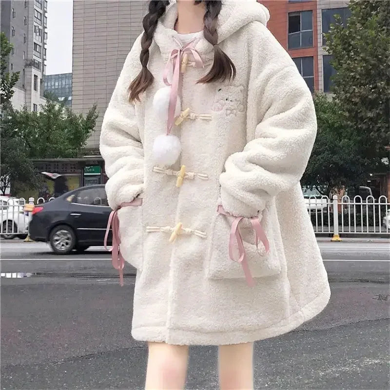New Winter Fashion Loose Cartoon Jacket Y2k Aesthetic All Match Lamb Wool Women Hooded Coat Thicken Warm Vintage Casual Bow Tops