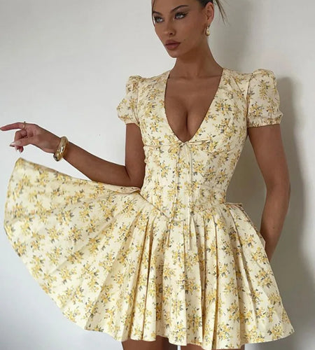 Deep V Neck Print Sexy Mini Dress For Women Fashion Lace-up Short Sleeve A-line Pleated Dress Elegant New Clothes