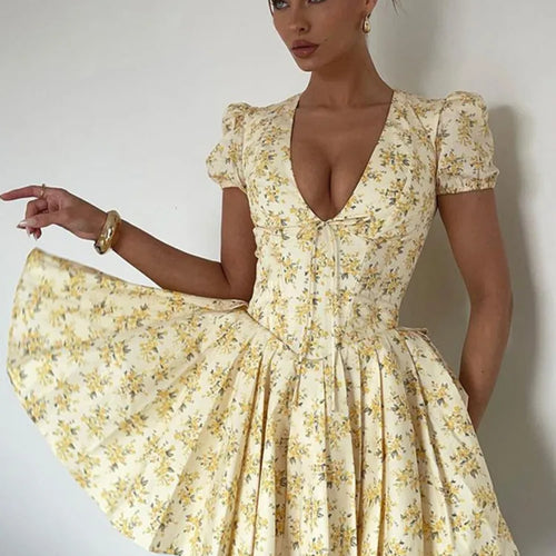 Load image into Gallery viewer, Deep V Neck Print Sexy Mini Dress For Women Fashion Lace-up Short Sleeve A-line Pleated Dress Elegant New Clothes
