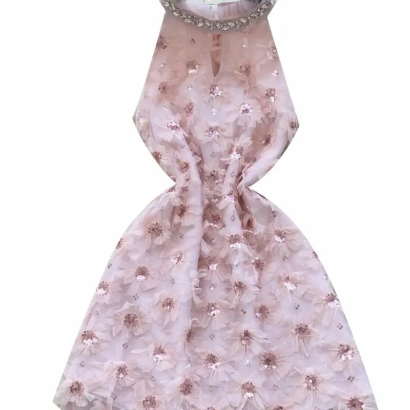 French Retro Women Pink Sequin Diamonds Elegant Hollow Out Halter Short Dress Summer Sleeveless Evening Party Dress Popular Chic