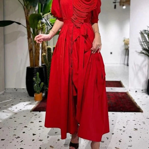 Load image into Gallery viewer, Birthday Party Red Dress For Women Lapel Sexy Off Shoulder Hollow Short Sleeve Patchwork Appliques Pleated Dress Female New
