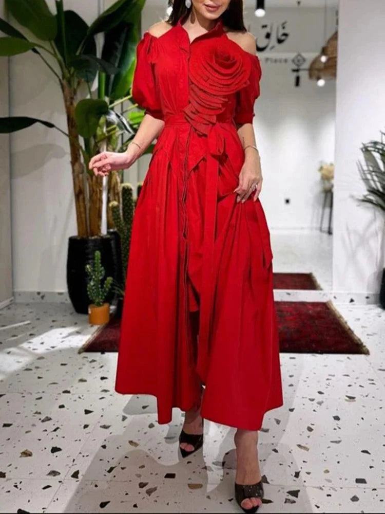 Birthday Party Red Dress For Women Lapel Sexy Off Shoulder Hollow Short Sleeve Patchwork Appliques Pleated Dress Female New