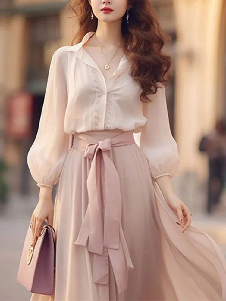 Fashion Korean Retro Loose Women Long Sleeved Two-Piece Set Dress Elegant French Women's Solid Color Sweet Slim Dresses