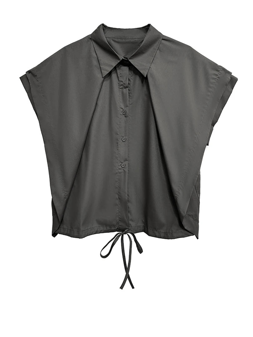 Women Gray Irregular Spliced Bandage Big Size Blouse New Lapel Short Sleeve Shirt Fashion Tide Spring Summer 2025 1DJ1605