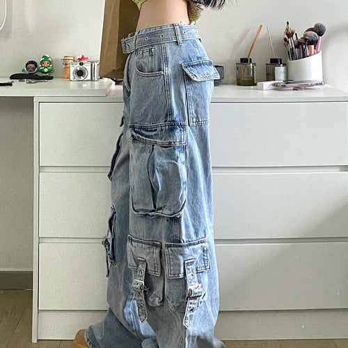 Load image into Gallery viewer, Patchwork Pockets Casual Loose Denim Pants For Women High Waist Spliced Belt Streetwear Cargo Jeans Female Fashion
