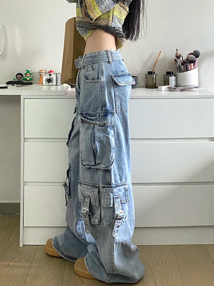 Patchwork Pockets Casual Loose Denim Pants For Women High Waist Spliced Belt Streetwear Cargo Jeans Female Fashion