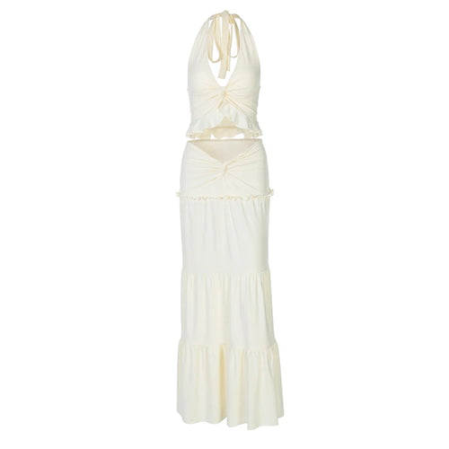 Load image into Gallery viewer, Sexy Sleeveless Skirt Two Pieces Sets For Women V-neck Hollow Out Crop Tops And Long Skirt Patchwork Two Pieces Sets
