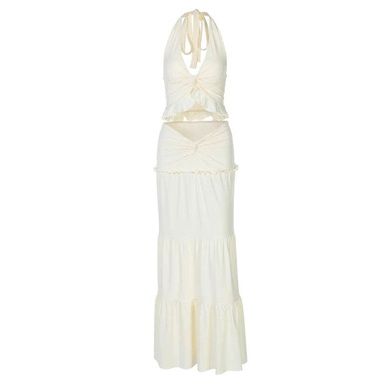 Sexy Sleeveless Skirt Two Pieces Sets For Women V-neck Hollow Out Crop Tops And Long Skirt Patchwork Two Pieces Sets