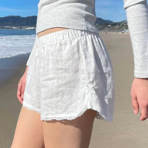 Load image into Gallery viewer, Casual White Basic Summer Shorts Women Lace Trim Buttons Homewear Sporty Chic Short Pants Elastic Waist Korean Hottie
