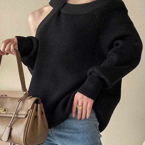 Load image into Gallery viewer, Solid Loose Knitting Sweaters For Women Halter Long Sleeves Cold Shoulder Temperament Sweater Female Fashion
