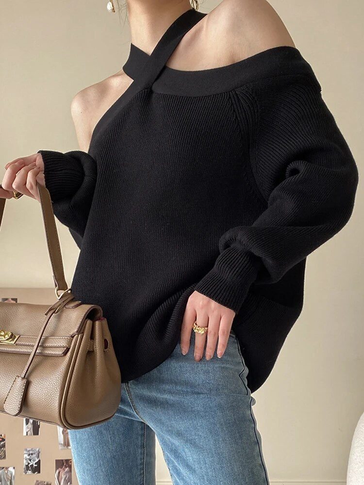 Solid Loose Knitting Sweaters For Women Halter Long Sleeves Cold Shoulder Temperament Sweater Female Fashion