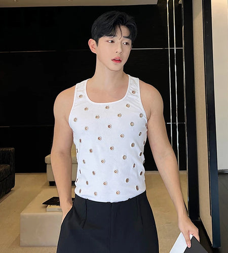 Hollow Out Vest Trend Men's Niche Design Metal Hole Personality Pullover Tank Top Korean Style Sleeveless Streetwaer 9C1564