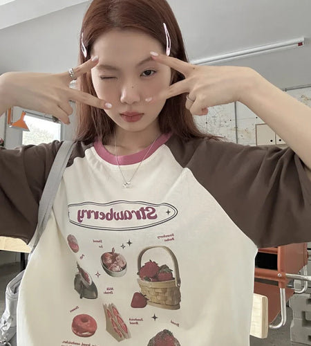 Grunge Sweet Loose Contrast Color Patchwork T-shirts Summer Casual Short Sleeve Vintage Funny Print All Match Y2k Aesthetic Tees