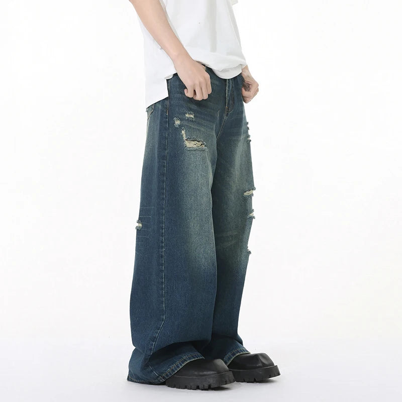 Men's Jeans Solid Color Holes Design Korean Style Worn-out Mill White Straight Leg New Spring Baggy Male Trousers 9W1265