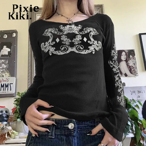 Load image into Gallery viewer, Dark Print Black Graphic T Shirts Y2k Streetwear Retro Crew Neck Full Sleeve Top Trending 2024 Fashion Women P67-BC15
