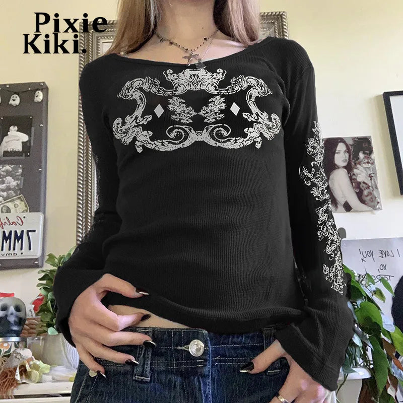 Dark Print Black Graphic T Shirts Y2k Streetwear Retro Crew Neck Full Sleeve Top Trending 2024 Fashion Women P67-BC15