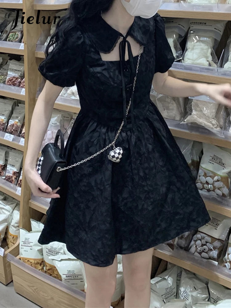 Black French Style Hollow Out Slim Women's Dresses High Street Puff Sleeve Pleated Solid Color Female Dress Evening Dress