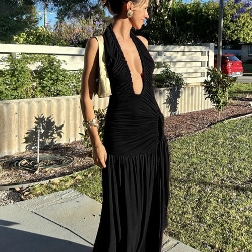 Load image into Gallery viewer, Halter Deep V Neck Sexy Maxi Dress For Women Gown Fashion Solid Sleeveless Backless Draped Ruched Bodycon Long Dress
