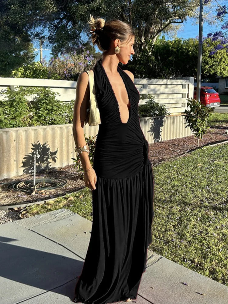 Halter Deep V Neck Sexy Maxi Dress For Women Gown Fashion Solid Sleeveless Backless Draped Ruched Bodycon Long Dress