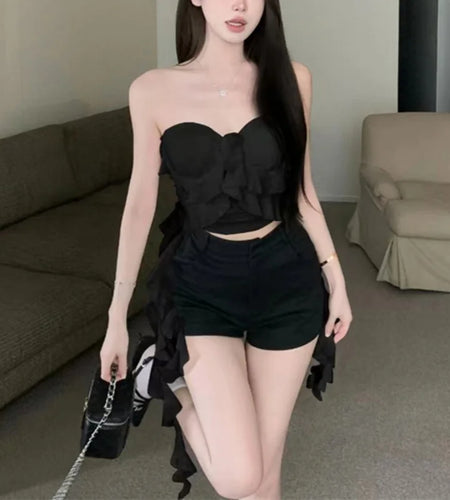 y2k Top Women Aesthetic Clothes Solid Color Off Shoulder Strapless Sleeveless Bandeau with Ruffles Hem 2000s Streetwear