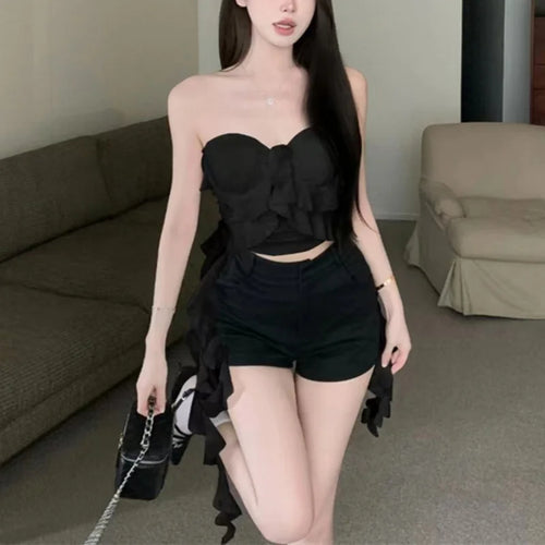 Load image into Gallery viewer, y2k Top Women Aesthetic Clothes Solid Color Off Shoulder Strapless Sleeveless Bandeau with Ruffles Hem 2000s Streetwear
