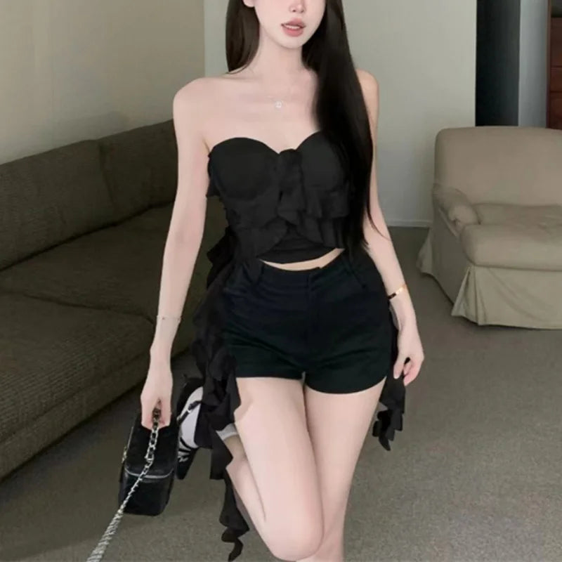 y2k Top Women Aesthetic Clothes Solid Color Off Shoulder Strapless Sleeveless Bandeau with Ruffles Hem 2000s Streetwear