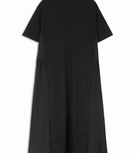 Women Black Pocket Pleated Big Size Midi Casual Dress New Round Neck Short Sleeve Fashion Tide Spring Summer 2025 1DJ0137